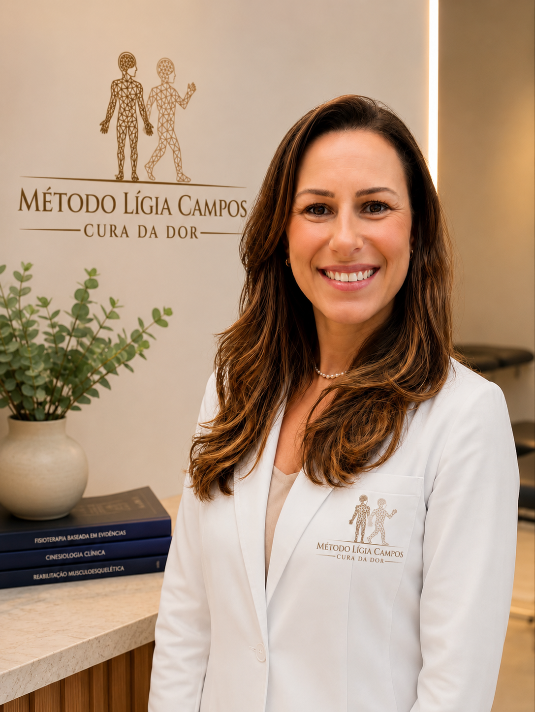 Lígia Campos, fisioterapeuta, na recepção do consultório
